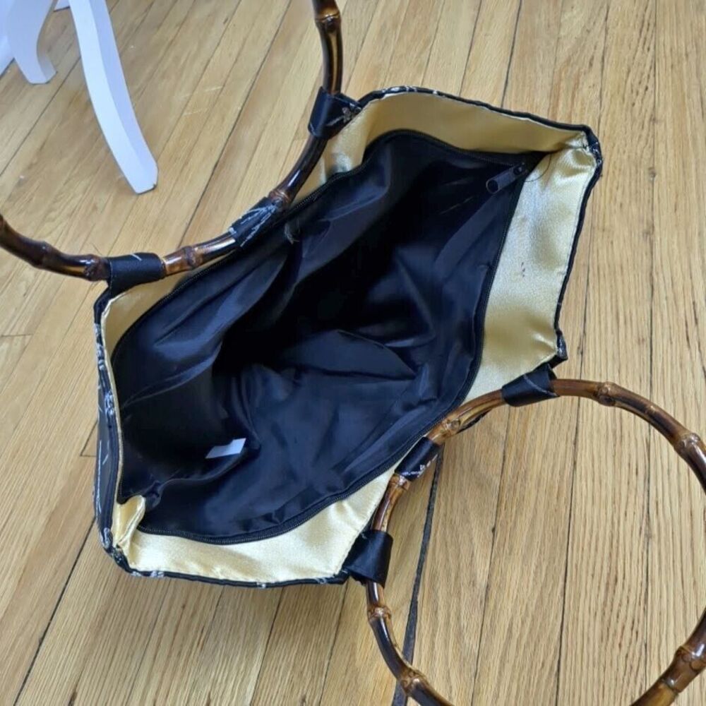 Vintage 90s Purse Asian Floral Embroidery Satin Black Silver Bamboo Handle - Picture 4 of 4